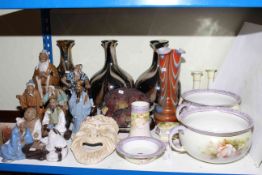 Four large glass vases, toilet ware, Oriental figures,