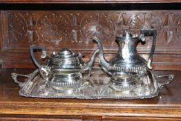 Four piece silver plated tea service with large engraved two handled tray