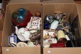 Two boxes of glass and china, silver plate including Masons, Ringtons,