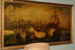 Large and highly decorative marine battle scene, framed overall 67.