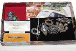 Box of costume jewellery including brooches