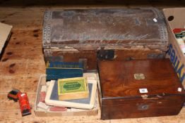 19th Century writing box, dome hide covered trunk, clockwork train, games,