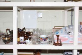 Copper lustre jugs, silver plated ware, glassware, toilet mirror, bobbin stand, stamps,