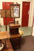 Late Victorian walnut shaving stand and pair needlework panel pole screens (3)