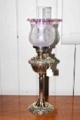 Victorian brass column oil lamp with etched glass shade