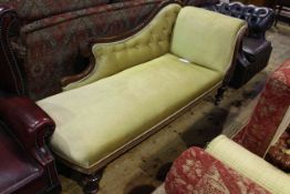 Victorian mahogany scroll end chaise longue on turned legs in lemon buttoned fabric
