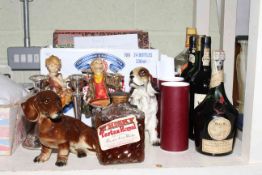 Box of LP records, bottles of spirits, ornaments, pair candlesticks,