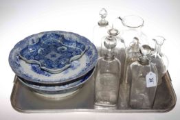 Selection of Victorian glass including spirit decanter and three blue and white stands