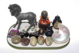 Tang horse, scent bottles, shell, two Oriental lidded boxes, coins,