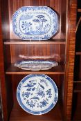 Two blue and white 19th Century meat plates and Oriental circular charger