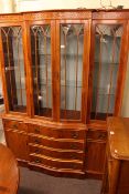 Good quality yew illuminated glazed door top serpentine front centre wall unit, 188.