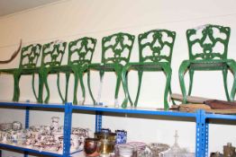 Set of six green cast aluminium patio chairs
