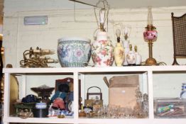 Assorted lamps including oil lamp, pottery planter, wall lights, vases, kitchen scales, teddies,