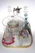Pair of glass decanters, claret jug, two shades, large glass bowl,