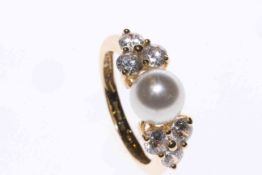 14 carat gold, cultured pearl and white stones ring,