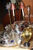 Collection of silver plated ware, kitchen scales, pair of brass lamps, pair of brass candlesticks,