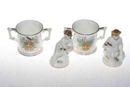 Two Royal Crown Derby loving cups and two figurines with certificates
