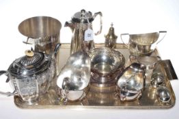 Assorted silver plate including ice bucket, sauce boats, teaware, salt,