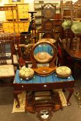 Victorian mahogany toilet mirror, Pair Victorian footstools, duet stool, firescreen,