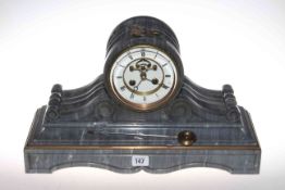 Grey slate Victorian mantel clock with circular brass and enamel dial