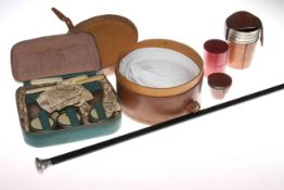 Leather collar box and collars, silver topped cane, pig skin cased beakers,