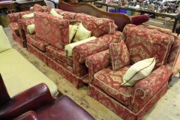 Good quality four piece lounge suite in scarlet armorial pattern fabric comprising two seater