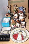 Goebel monks and figure, Capo-di-monte figures, silver spoons, Doulton plate, Chad Valley money box,