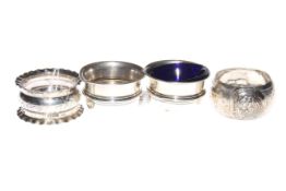 Pair silver salts and two silver napkin rings