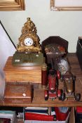 Ornate gilt metal mantel clock, cuckoo clock, two tinplate cars, Murray & Heath telescope, boxes,