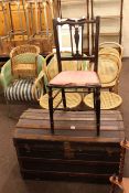 Vintage canvas and wood bound dome topped trunk, five Bentwood chairs, childs basket chair,