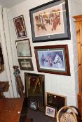 Collection of prints and mirrors including horse racing together with a vintage golf bag and clubs