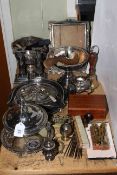 Quantity of silver plated ware including pair of candlesticks, bowl, tazza, photograph frame,
