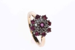9 carat gold, ruby and diamond cluster ring,