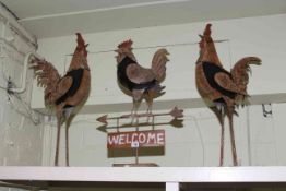 Pair of tinplate cocks and 'Welcome' chicken sign