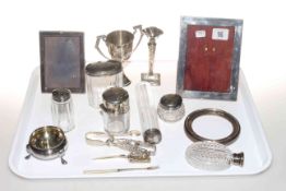 Tray of silver items including toilet bottles, photograph frames, trophy,