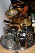 Pewter teaware, brass jam and sauce pans, copper kettle,