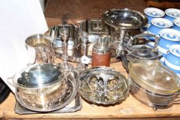 Collection of silver plate including entree dishes, oval tray, candlesticks, dishes,