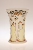 A MOORCROFT "LUCKY THE CAT" VASE, rare colourway, first quality.