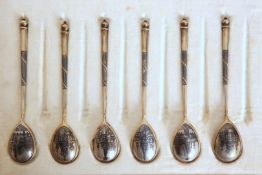 A SET OF SIX RUSSIAN SILVER-GILT AND NIELLO SPOONS,