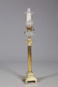 A LARGE VICTORIAN BRASS AND CUT-GLASS COLUMNAR OIL LAMP,