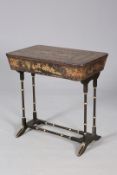 A CHINESE EXPORT LACQUERED SEWING WORK TABLE, 19TH CENTURY, decorated with numerous figures,