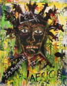 AFTER JEAN-MICHEL BASQUIAT, PORTRAIT, bears signature and dated 82, oil on canvas, unframed.
