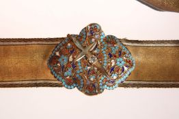 A 19TH CENTURY RUSSIAN SILVER GILT AND CLOISONNE ENAMEL BELT BUCKLE,