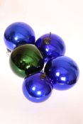 A COLLECTION OF FIVE VICTORIAN WITCHES BALLS, comprising three large blue,