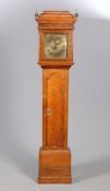 AN 18TH CENTURY OAK EIGHT-DAY LONGCASE CLOCK, the hood with caddy top,
