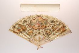 A MOTHER OF PEARL AND PAINTED SILK FAN,