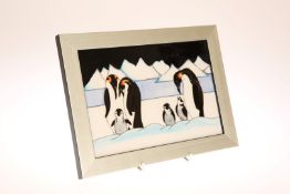 A MOORCROFT "FAMILY ON ICE" PLAQUE, first quality, framed. Overall 19cm by 26.