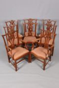 A MATCHED SET OF EIGHT CHIPPENDALE STYLE MAHOGANY DINING CHAIRS, including two carvers,