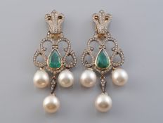 A PAIR OF CULTURED PEARL,EMERALD AND DIAMOND EARRINGS,