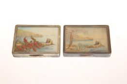 AN UNUSUAL PAIR OF GEORGE V SILVER AND NEEDLEWORK BOXES OR COMPACTS, W.H.
